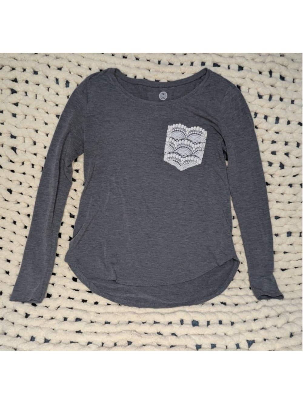 Juniors SO Gray Long Sleeve Tee with White Lace Pocket S